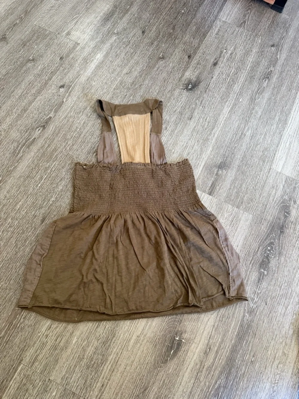 Brown Pocketed Smocked Apron Dress